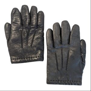 Vintage Black Genuine Leather & Tan Wool Lined Driving Gloves Men's Medium